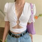Plain V-neck Short-sleeve Cropped Blouse