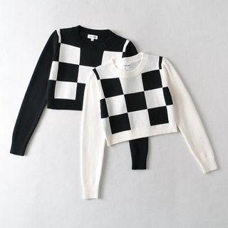 Plaid Crew-neck Long Sleeve Cropped Sweater