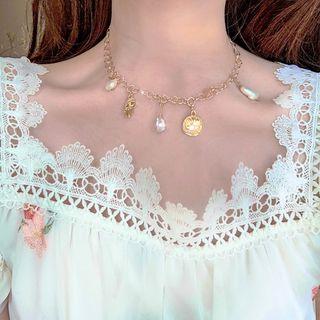 Faux Pearl Alloy Coin Choker 1 Pc - Gold - One Size
