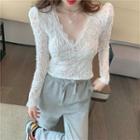 Long-sleeve V-neck Lace Crop Top White - One Size