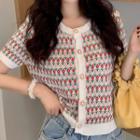 Short-sleeve Floral Print Faux Pearl Knit Top Red & Pink Flower - White - One Size