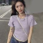 Short-sleeve Striped Bow-back T-shirt As Shown In Figure - One Size