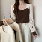 Mock Two-piece Square-neck Puff-sleeve Blouse