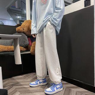 High-waist Plain Plaid Straight-cut Pants