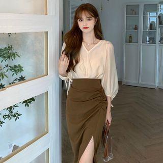 V-neck Shirt / Ruched Midi Skirt