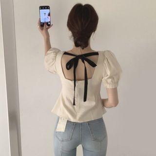 Open Back Bow Puff-sleeve Top Almond - One Size