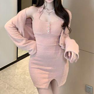 Halter-neck Henley Fluffy Mini Bodycon Dress / Cropped Cardigan