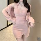 Halter-neck Henley Fluffy Mini Bodycon Dress / Cropped Cardigan