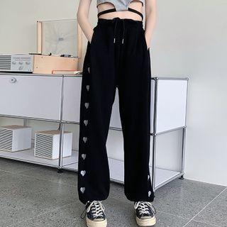 Heart Embroidered Drawstring Hem Harem Pants