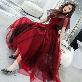 Ruffle-sleeve Paneled A-line Mesh Evening Gown