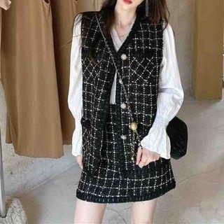 Long-sleeve V-neck Blouse / Check Vest / Mini Pencil Skirt / Set