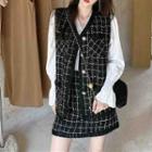 Long-sleeve V-neck Blouse / Check Vest / Mini Pencil Skirt / Set