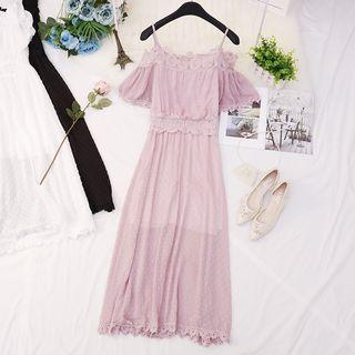 Off-shoulder Lace Trim Midi A-line Dress