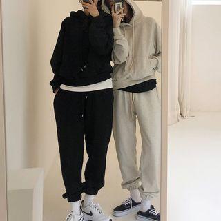 Long-sleeve Plain Hooded Pullover / High-waist Pants