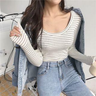 U-neck Long-sleeve Striped T-shirt