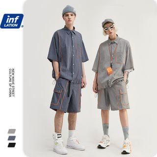 Unisex Neon-trim Drawstring Loose Shirt / Cargo Shorts