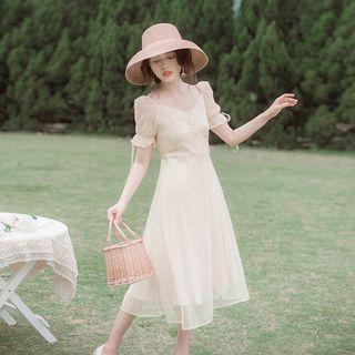 Short-sleeve Frill Trim Drawstring Mesh A-line Dress
