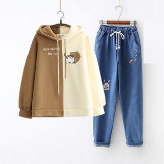 Set: Cat Print Two-tone Hoodie + Straight-leg Jeans