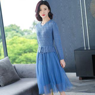 Pointelle Knit Panel A-line Midi Mesh Dress