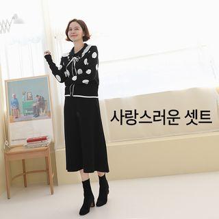 Set: V-neck Polka-dotted Cardigan + Midi Flare Skirt Black - One Size