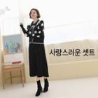 Set: V-neck Polka-dotted Cardigan + Midi Flare Skirt Black - One Size