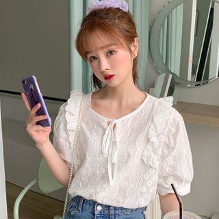 Ruffled Short-sleeve Eyelet Blouse White - One Size