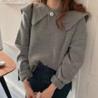 Lantern-sleeve Sailor-collar Plain Loose Fit Ribbed Sweater