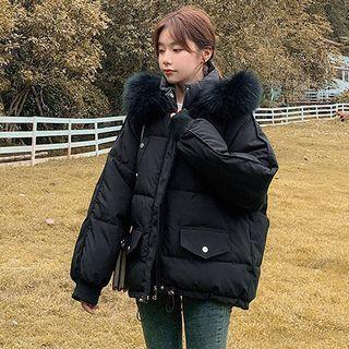 Hooded Faux Furry Plain Padded Zip Jacket