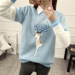 Deer Print Collared Pullover