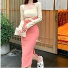 Long-sleeve Strappy Crop Top / Sleeveless Midi Sheath Dress