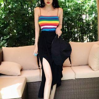Striped Camisole / Drawstring Split Hem Skirt