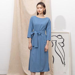 Cuff-sleeve Tie-waist Midi Dress