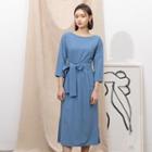 Cuff-sleeve Tie-waist Midi Dress