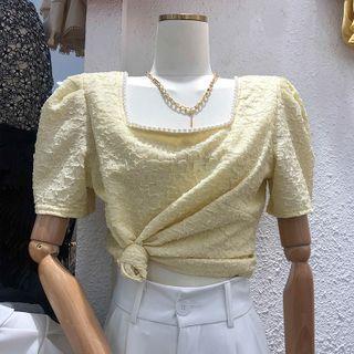 Square-neck Open-back Lace-up Puff Short-sleeve Top