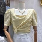 Square-neck Open-back Lace-up Puff Short-sleeve Top