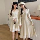 Frill-trim V-neck A-line Knit Dress