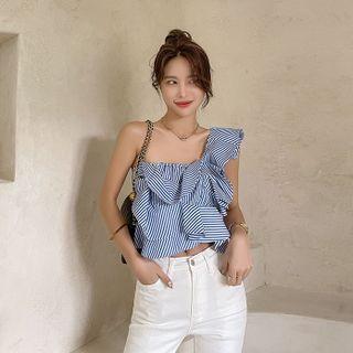 Asymmetric-shoulder Ruffle-trim Cropped Top