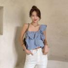 Asymmetric-shoulder Ruffle-trim Cropped Top