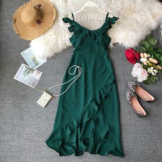 Spaghetti Strap Ruffle Trim Midi Chiffon Dress