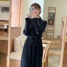 Accordion-pleat Midi Knit Dress Black - One Size