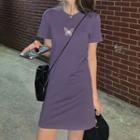 Short-sleeve Embroidered Mini Sheath T-shirt Dress As Shown In Figure - One Size