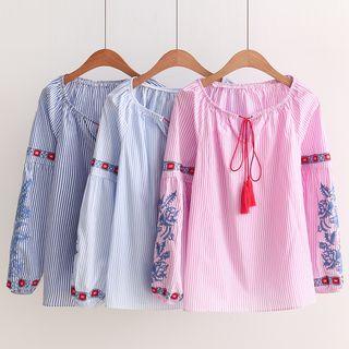 Embroidery Striped Tasseled Blouse