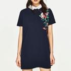 Peter Pan Collar Floral Embroidered Short-sleeve Sheath Dress