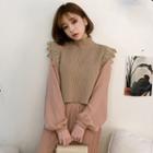 Set: Lace-trim Knit Vest + Accordion-pleat Chiffon Dress