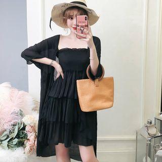 Set: Strapless A-line Tiered Dress + Open Front Jacket