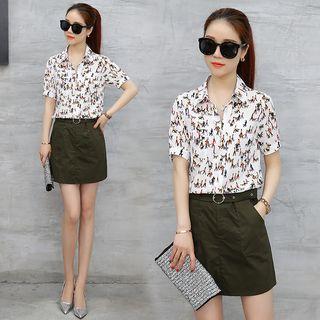 Set: Short-sleeve Printed Shirt + Skirt