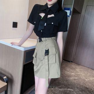 Cutout Crop Shirt / Cargo Mini A-line Skirt / Belt / Set
