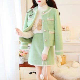 Set: Faux-fur Beaded Jacket + A-line Skirt