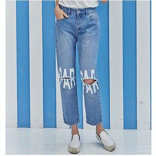 Lettering Cropped Straight Leg Jeans