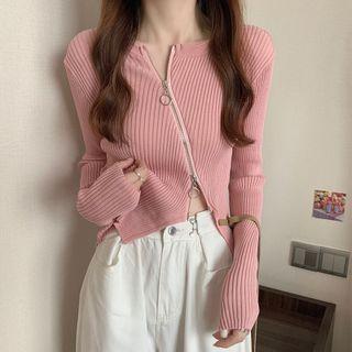 Zipped Ribbed Knit Sweater